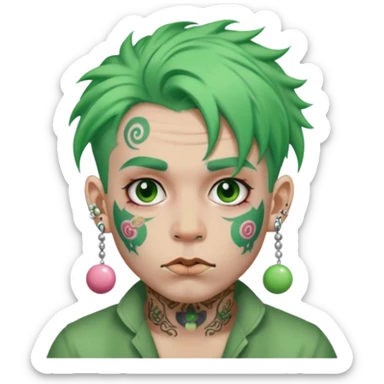 very colorful puffy green haired man made out of candy  and excessive face tattoos and excessive piercing just face  sticker
