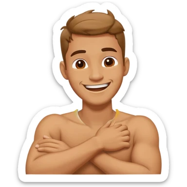 A guy with arms crossed holding his neck laughing  sticker