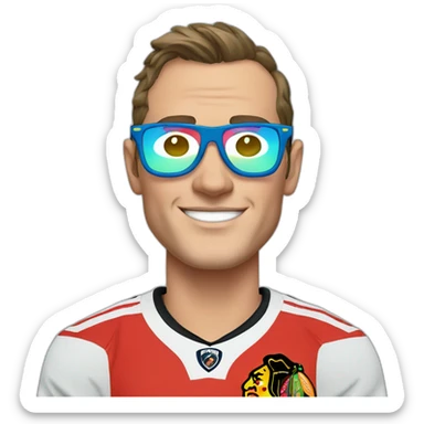 Jonathan Toews wearing glasses and rainbow clothes sticker