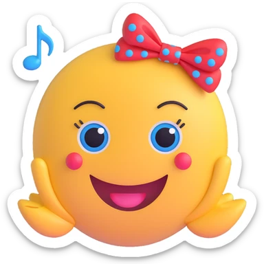 3D smiley emoji, large eyelashes, red polka dot bow, very happy, big smile, blue eyes, musical notes sticker
