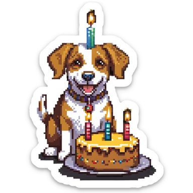 happy dog with candle-lit birthday cake sticker