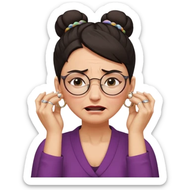  middle aged woman with dark hair pulled up in a high bun, wearing round ring earrings and glasses, expression extreme pain on her face, covering her ears with her hands very painful expression on her face, eyes squeezed shut, wincing in pain covering her ears with her hands sticker