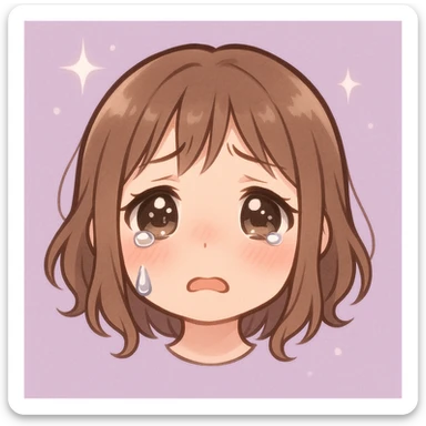 crying anime girl emoji, glossy eyes, one tear, pink cheeks, pastel purple background with sparkles, soft, emotional, sensitive style sticker