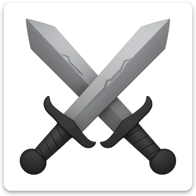 Create dual swords similar to the reference image but with black and grayish colors. The swords should be pointing upward and be wider. Use a darker handle for the swords. The style should emulate emoji style with concise details. sticker