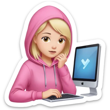 busy girl with computer in pink hoodie  sticker