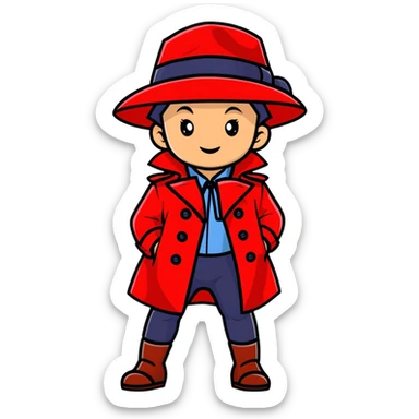 Baby Carmen Sandiego in red trench coat and hat, cute detective sticker