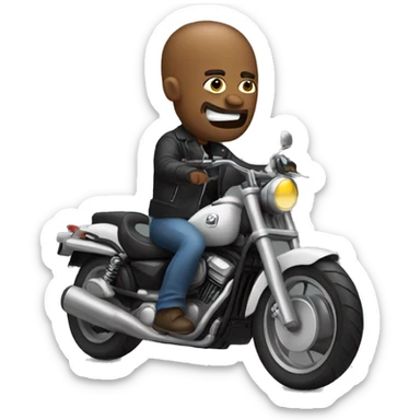 Biker rides his motorcycle with crazy face sticker