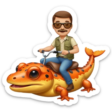 Mustachioed man with sunglasses riding a salamander on a river sticker