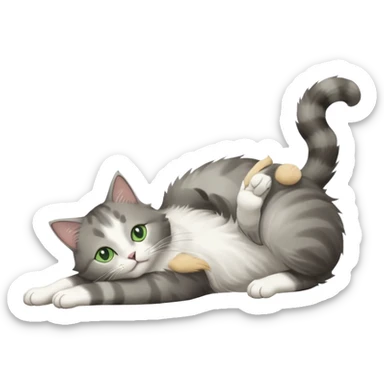 grey and white cat with green eyes doing a big extremely long stretch reaching up into the air with arms and legs side by side together straight and overextended whilst lying on its side sticker