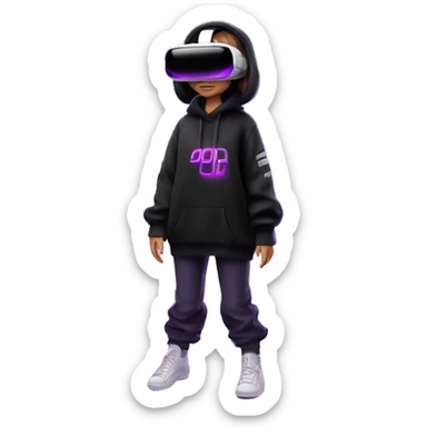 Russian girl wearing black hoody with violet letters "OMG", in vr headset oculus quest2. Standing like jedi. Cyberpunk style. Violet neon. sticker