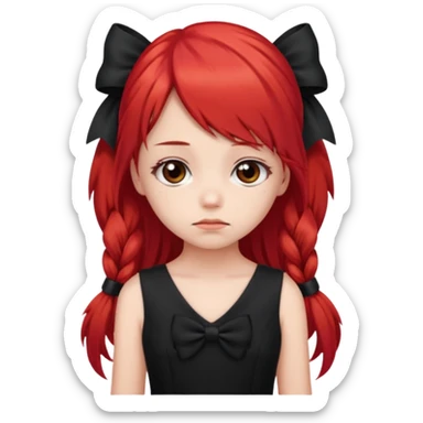 red long twin tail hair girl with black bow on her hair wearing black dress with a sad face sticker