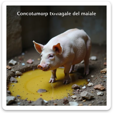 symbolic scene of a pig in a dirty pen surrounded by scraps and a yellow puddle, with Italian text 'Comportamento naturale del maiale', 4K quality sticker