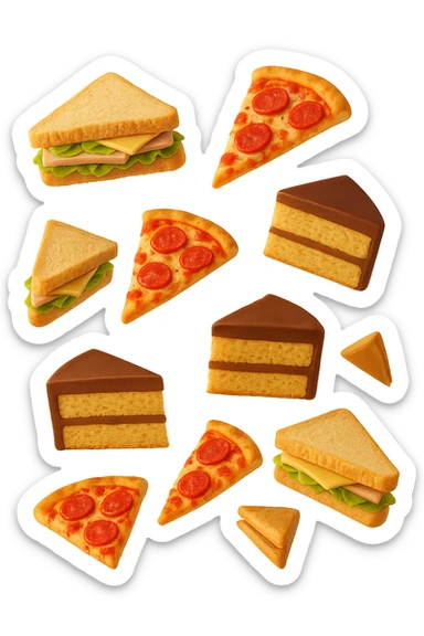 pizzette, fette di torta e panini, fluttuano in aria in 3d, sfondo bianco sticker
