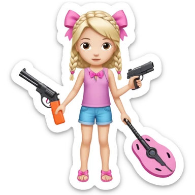 A girl who has a braid on one should and has a flipflop in one hand that has a bow while in the other hand she has a gun with a bow  sticker