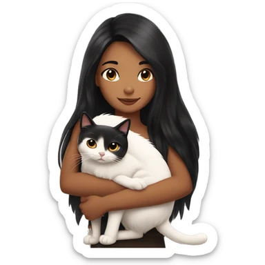 girl with very long black hair and caramel skin hugging a white cat sticker