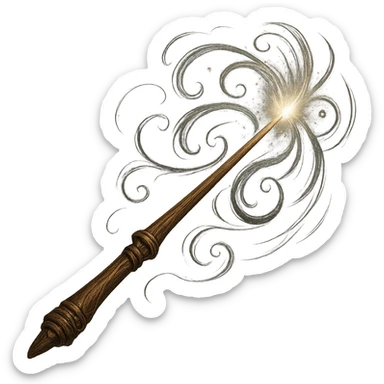 a wand inspired by Harry Potter, magical, detailed, fantasy style, glowing tip, elegant, wood texture, swirling energy, enchanted sticker