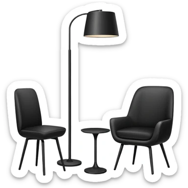 Minimalistic flat vector icon, iOS style, thin black contour on white background. Floor lamp and chair next to a framed picture on wall. Clean, no text, no shadows sticker