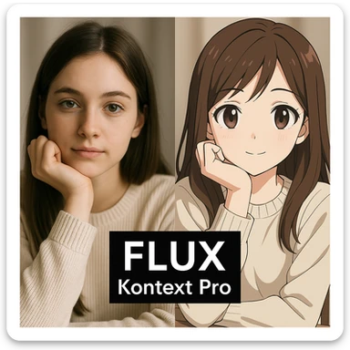 create before after image of a girl before is realsitic photo, after is anime version of her in same pose and clothes, add logo with text of a "FLUX Kontext Pro" sticker