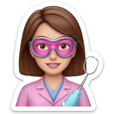 Dentista mujer con mascarilla rosada, cabello marron, piel blanca, camisa rosada, ojos marrones, sin lentes sticker