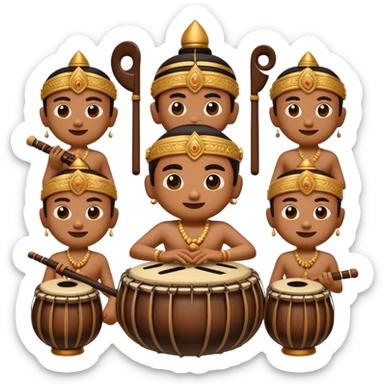 Cinematic Realistic Gamelan Pop Culture Emoji, depicted with an ensemble of traditional Indonesian instruments rendered with rich textures and rhythmic, cultural lighting. sticker