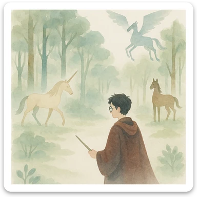Harry Potter series, watercolor art style, the Forbidden Forest with magical creatures sticker