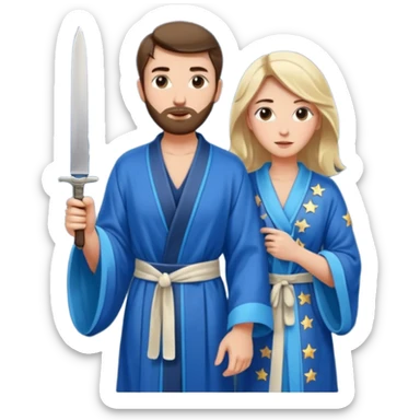 An upright Europe (a tall woman), wearing a blue, flowing robe with stars on the hem. In the background stands a man, with a knife sticker