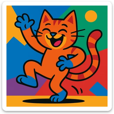 gato bailando, estilo caricatura colorida, expresivo, colores brillantes sticker