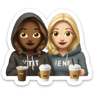 a blonde friend and a brown haired friend having a cold coffee dressed in hoodies sticker