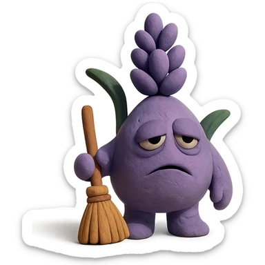 chubby lavender-colored lavender flower character with droopy eyes and a tired face, holding a tiny broom, claymation style sticker
