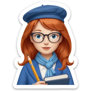 redheaded woman with very long wavy hair and bangs, blue eyes, clear cat-eye glasses, stylish French teacher outfit with scarf or beret, holding a pencil and a French textbook sticker