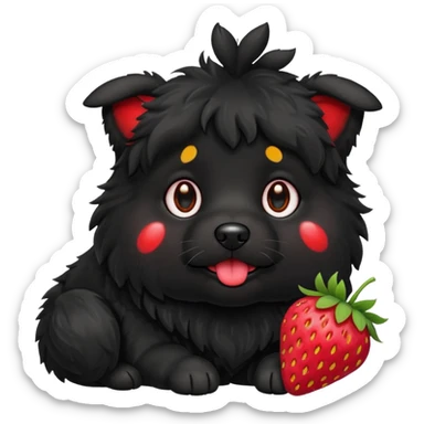 A black fluffy dog with a strawberry sticker