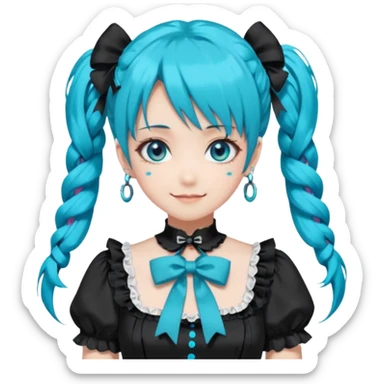anime-style female character with bright turquoise hair styled in twin tails and matching blue eyes. Her outfit is a frilly turquoise and black dress in a Lolita-esque style, heavily contrasted with black ribbons and trim. A key detail is the"AWP" logo printed in black on the chest. happy variant sticker