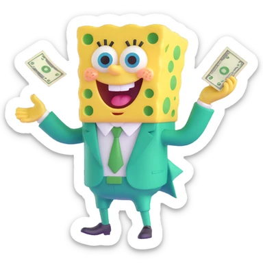 SpongeBob in a fancy green suit, fanning out cash, excited look sticker