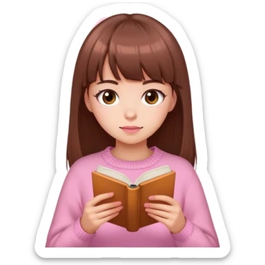 Pretty brown eyed white girl with brown bangs pink sweater reading cozy sticker