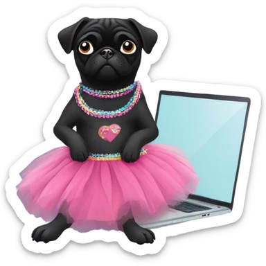 Black pug using a laptop while wearing a tutu dress sticker