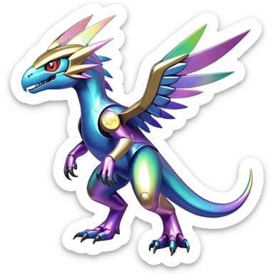 Shiny Futuristic Celestial Iridescent Fakemon-Pokemon-Digimon-Spectrobes-Raptor-fusion, full body sticker