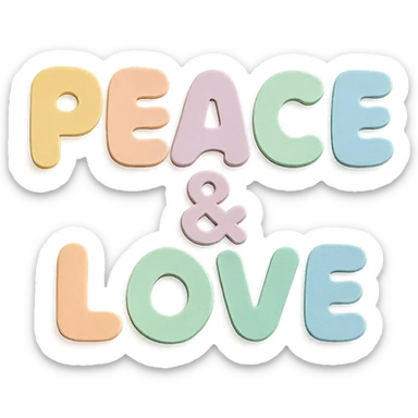"Peace & Love" in soft pastel rainbow rounded bold letters, kawaii cute font, no border, transparent PNG sticker