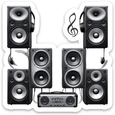 Icon for R&B Music Listening: large concert speakers and headphones with waves of musical notes coming out, along with drums and bass guitar and saxophone. The icon should convey the energetic and rhythmic vibe of R&B music. Transparent background sticker