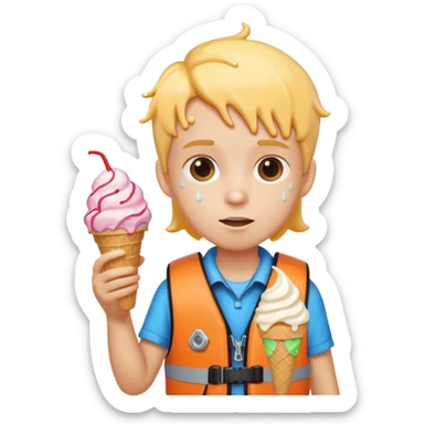 kid wearing lifejacket, holding ice cream sticker