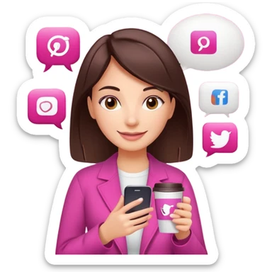Social media manager. She has dark brown hair, brown eyes, a friendly smile. She is holding a smartphone and a coffee cup. Include subtle marketing elements like small icons of hashtags or a speech bubble, instagram logo. Use vibrant colors with a focus on pink and fuchsia tones. sticker