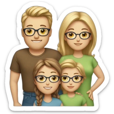 White family of 4, 1 mom with brown hair, 1 big boy with Brown hair, 2 girls with glasses and long blond hair sticker