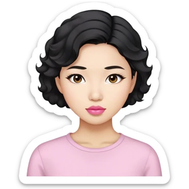 stunning asian woman black short wavy hair, light pink lips sticker