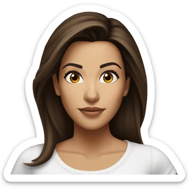 3/4 face, contrasted, shadow, light, Eva Longoria expression, standing from a distance, thin nose, brunette woman, hazel eyes, long eyelashes, dark shoulder shaded hair, white t-shirt, jeans, white sneakers sticker