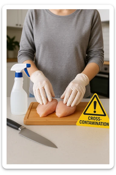 a person in a modern kitchen handles raw chicken breasts on a cutting board, wearing disposable gloves. Nearby, a bottle of disinfectant spray, a separate knife for vegetables, and a warning sign about cross-contamination are clearly visible. The mood is educational, emphasizing safe food handling. sticker