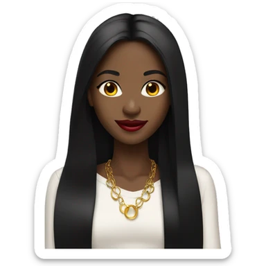 Smiling Black girl with long black straight hair and red lipstick with gold hoop earrings and and a gold necklace  sticker