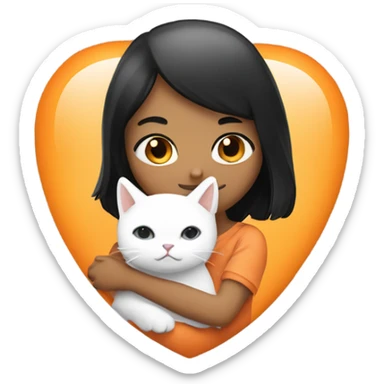 Make an emoji sticker of a girl with black hair and brown eyes hugging a cat that’s white and orange tabby sticker