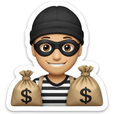 smiley robber wears black eye mask, black beanies and black and white stibes shirt with one brown money bag beside him sticker