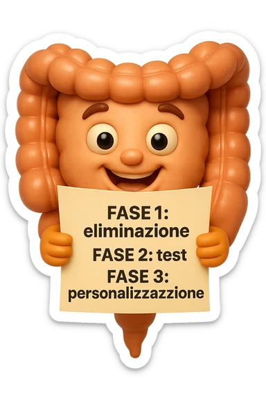 emoji stile iphone 3d di un intestino che tiene in mano un foglio con la scritta "FASE 1: eliminazione, FASE 2: test, FASE 3: personalizzazione, IPERREALISTICO 4K sticker