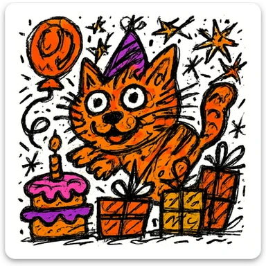 Make the birthday cake more colorful while keeping the chaotic outlined style and all other elements intact sticker