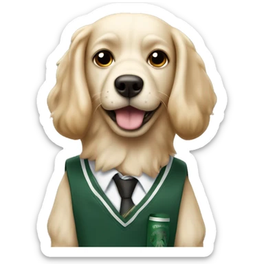 Dog whit a school uniform on whit starbucks in his hand sticker